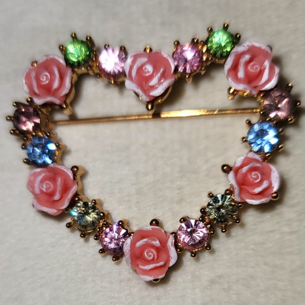 Vintage Pink Roses and Crystal Gems Heart Brooch signed